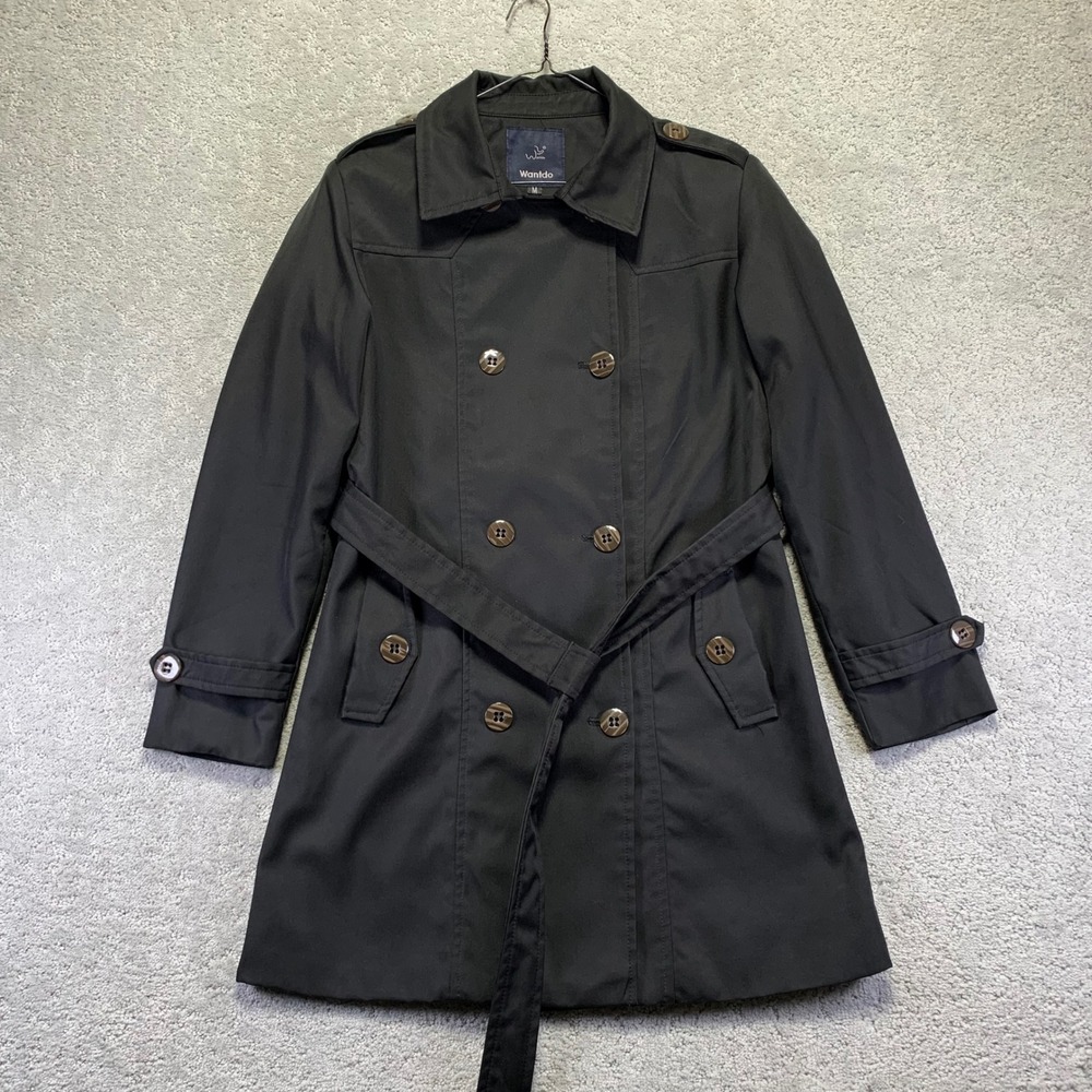 Wantdo‎ Womens Trench Coat Size Medium Black Double Breasted Belted Polyseter